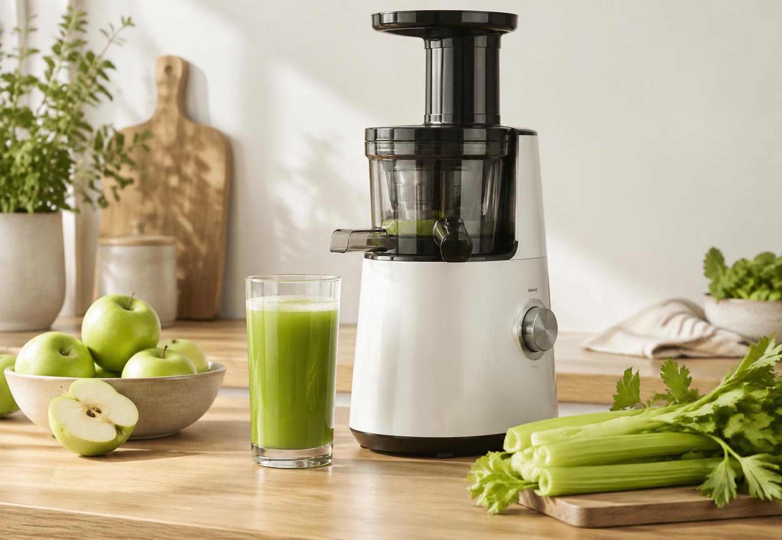 Modern slow juicer on a kitchen counter beside a glass of fresh green juice